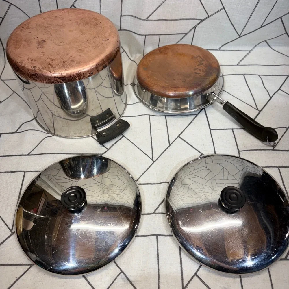 Revere Ware Cookware Set 9in 6qt Silver Copper Bottom Skillet Stock Pot 4pc